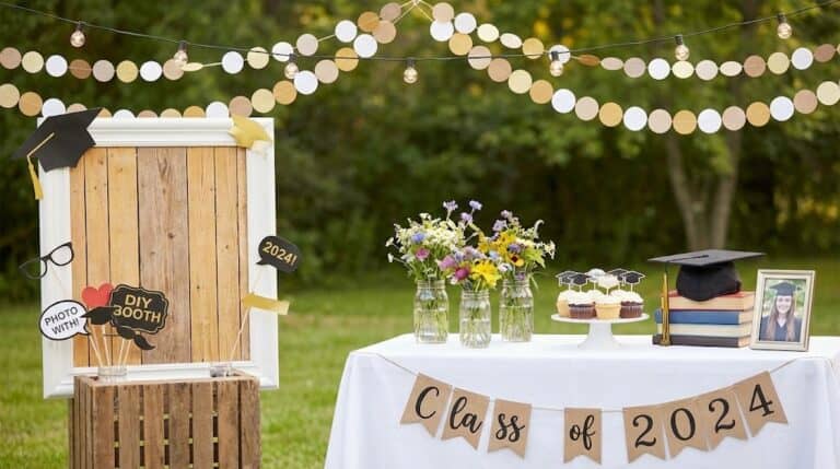 Graduation celebration setup with flowers, banners, and photo props for a memorable outdoor party.