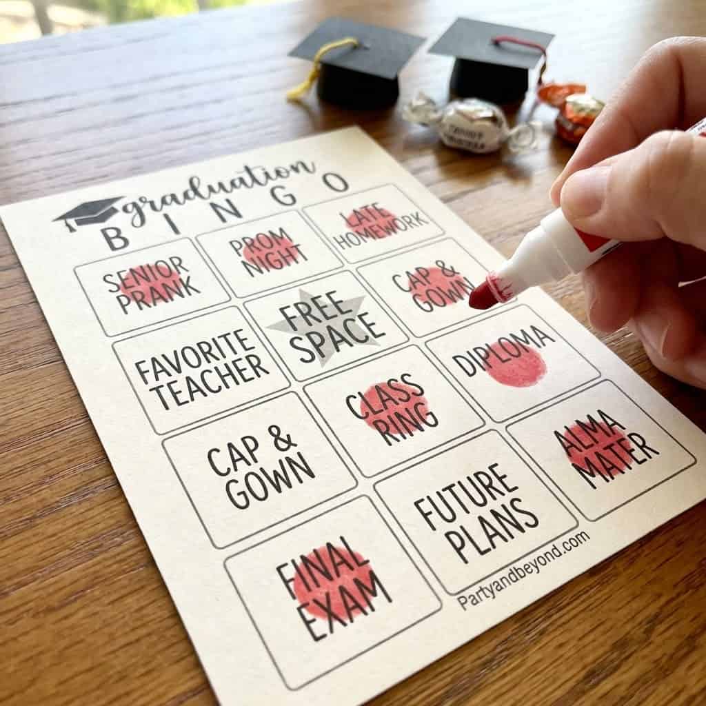 Graduation-themed bingo game sheet for celebration activities.