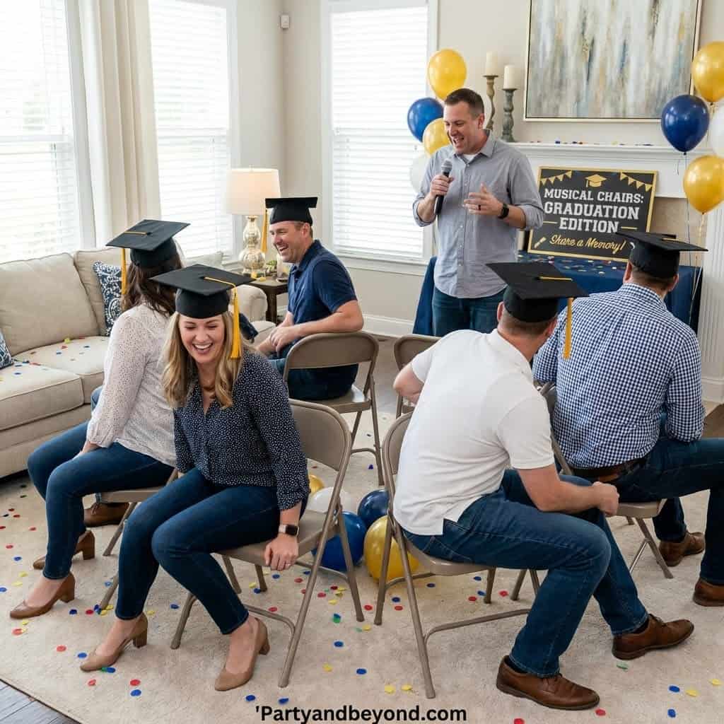 Fun indoor graduation party game with students and a speaker in a decorated room.