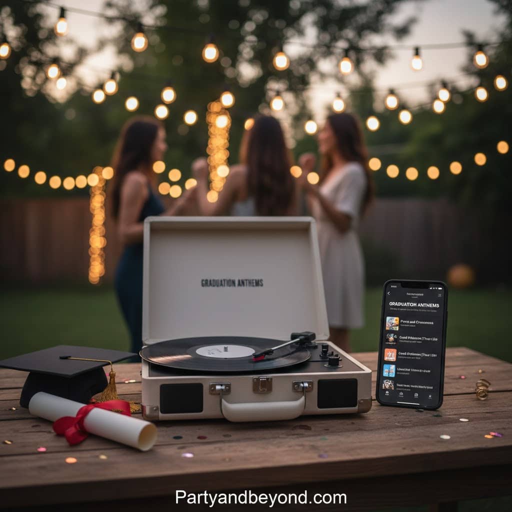 Vintage record player and smartphone for graduation party music.