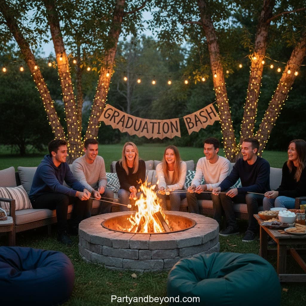 Graduation Bash outdoor gathering with friends around a fire pit, decorated with string lights and a.