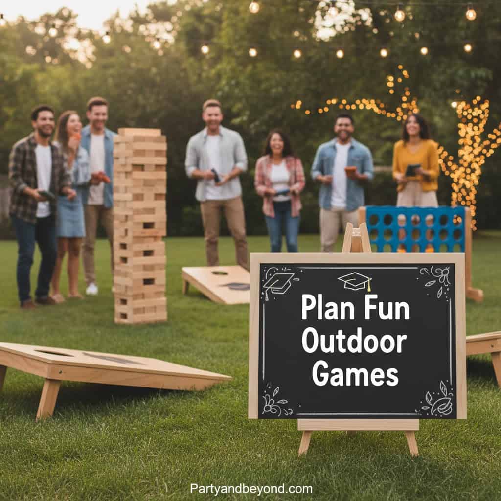 Group of friends playing outdoor graduation party games on a sunny day.