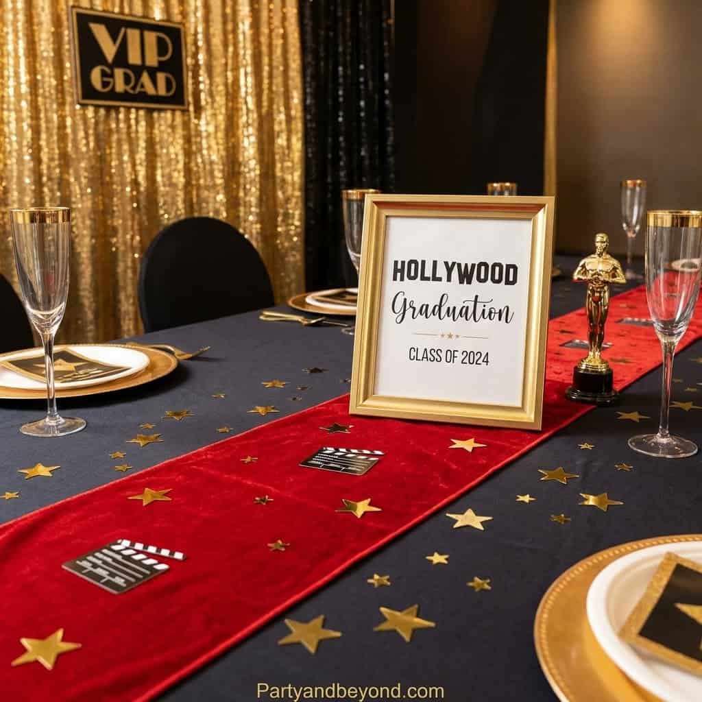 Graduation celebration table with Hollywood-themed decor, gold accents, and a red carpet runner for.