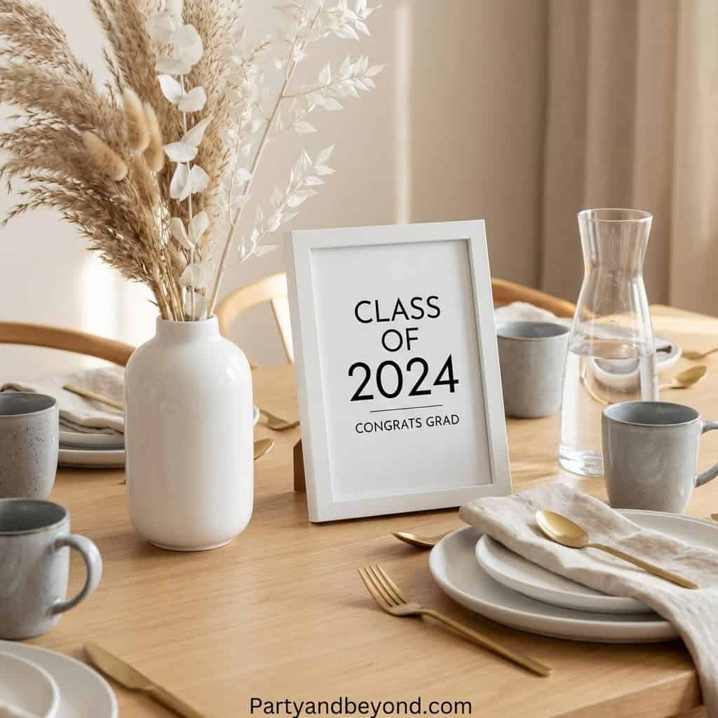 Graduation table decor with a "Class of 2024" sign, elegant tableware, and neutral tones for a styli.