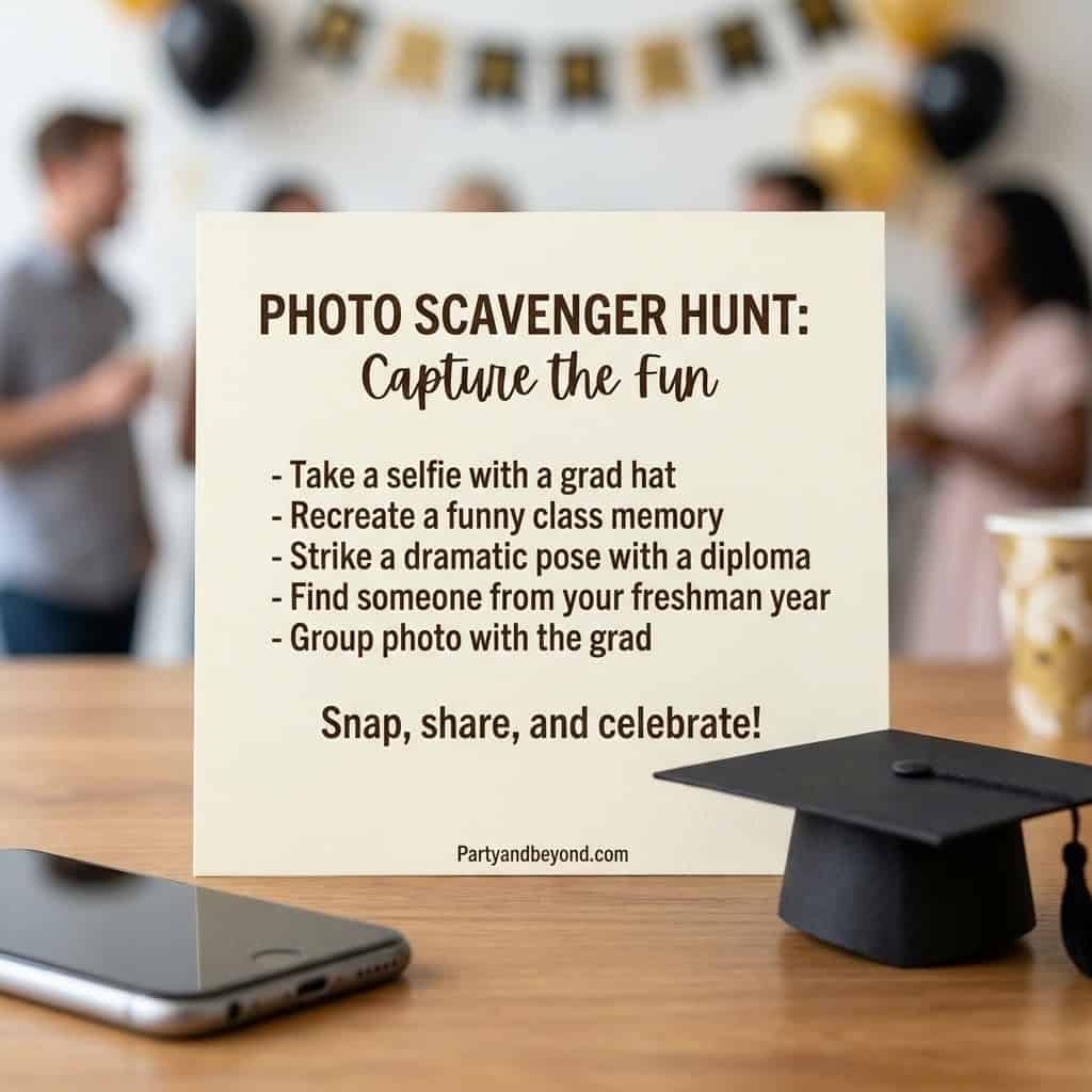 Graduation photo scavenger hunt sign with fun activities for grads.