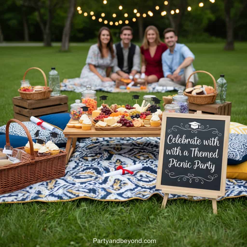 Outdoor graduation picnic with friends and themed decor.