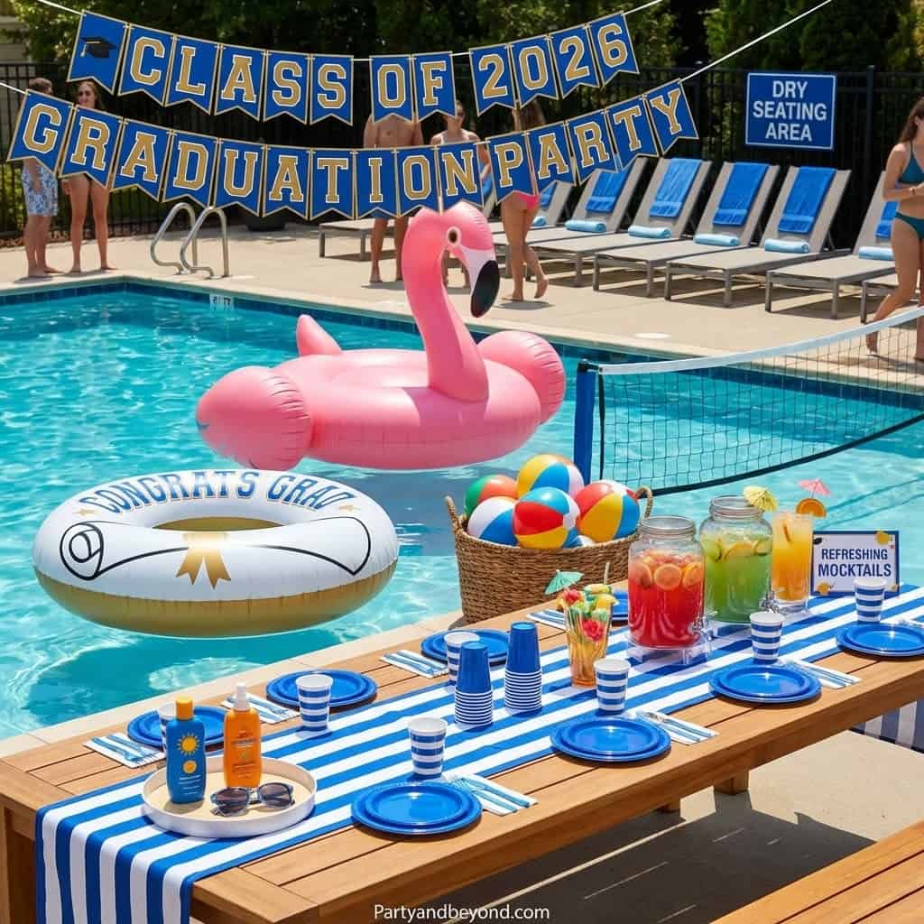 Graduation Pool Party with flamingo float, colorful drinks, and themed decorations.