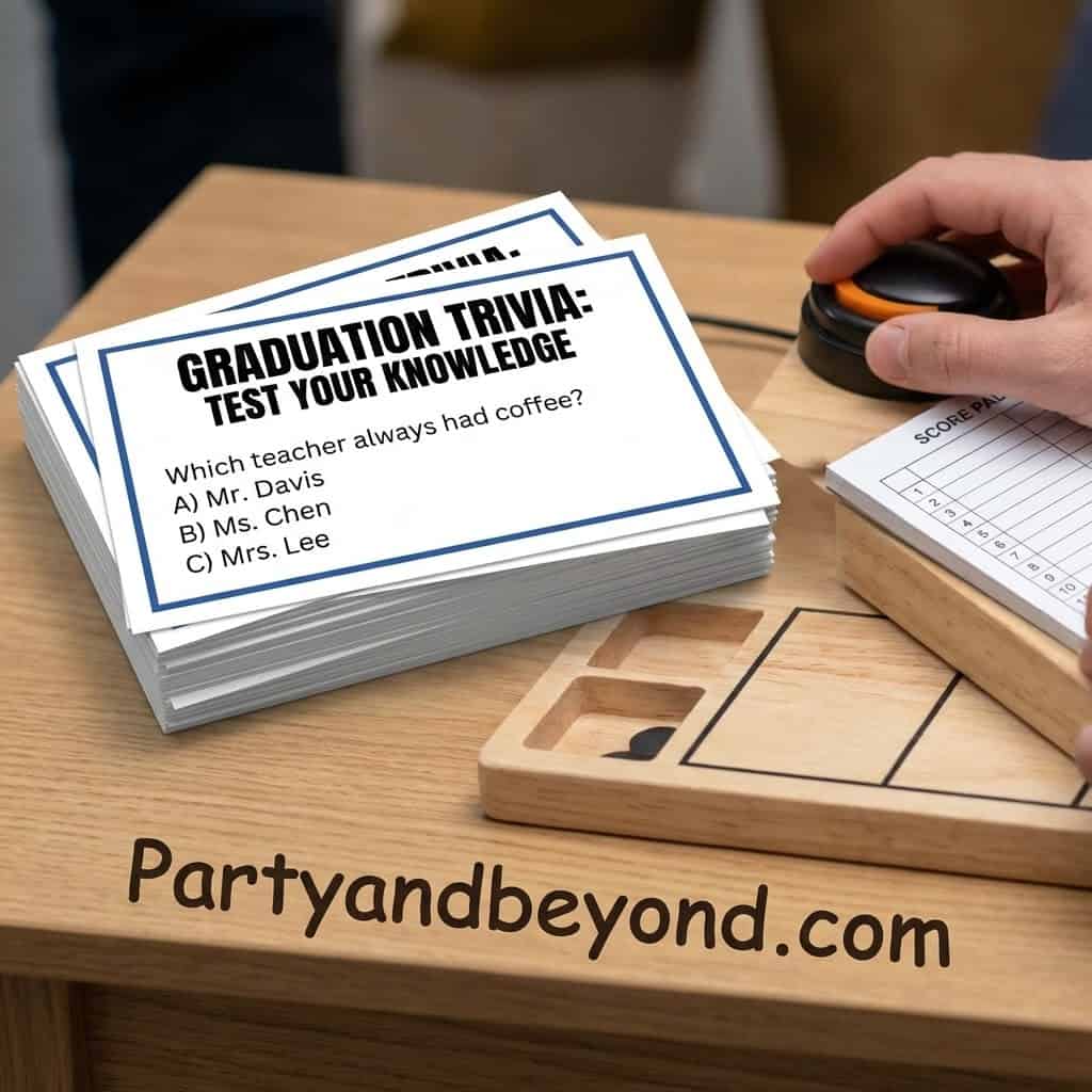 Fun graduation trivia game for indoor celebrations and parties.