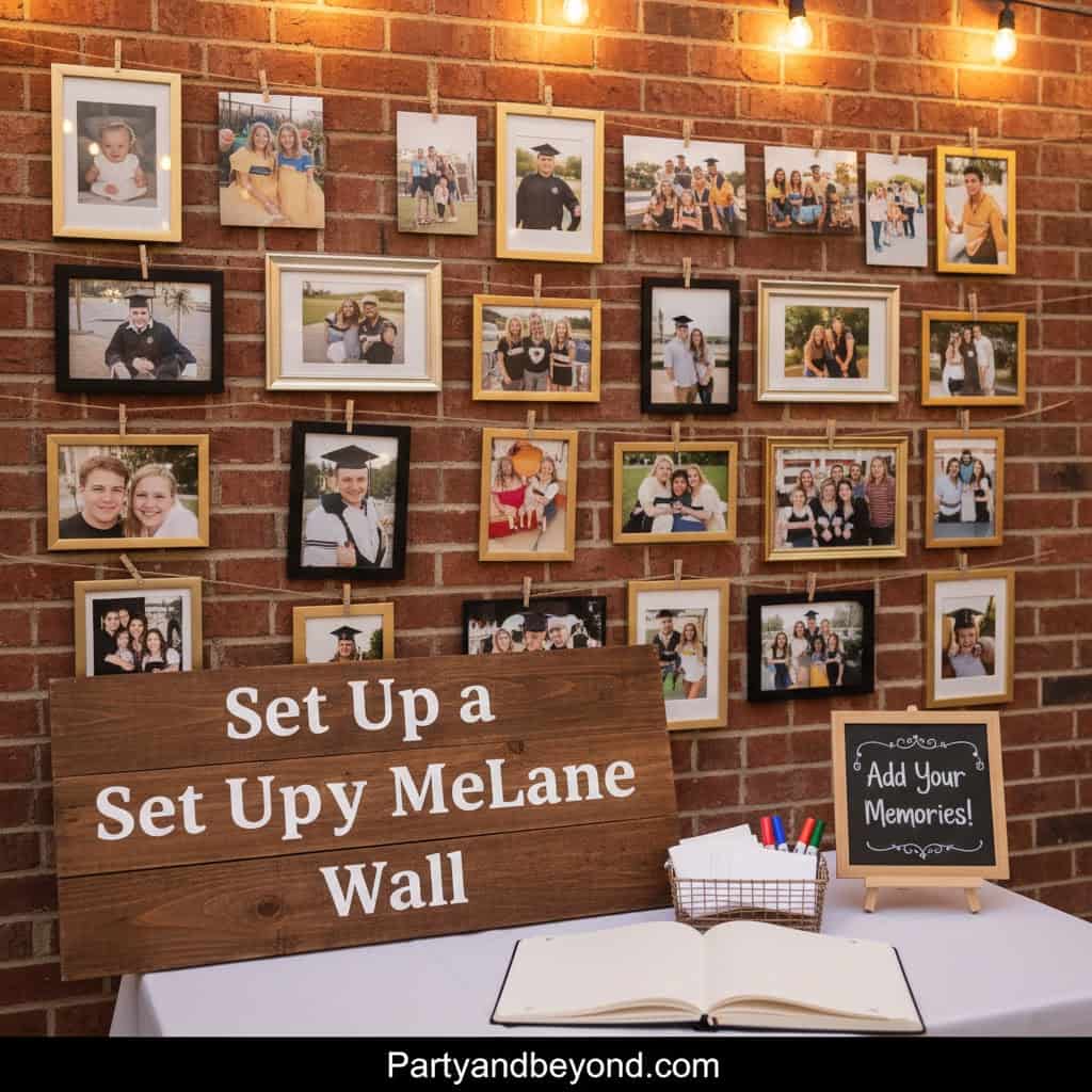 Graduation celebration wall with framed photos and a wooden sign for memorable moments.