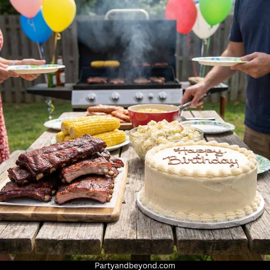 Backyard birthday party with grilled meats, cake, and festive decorations.