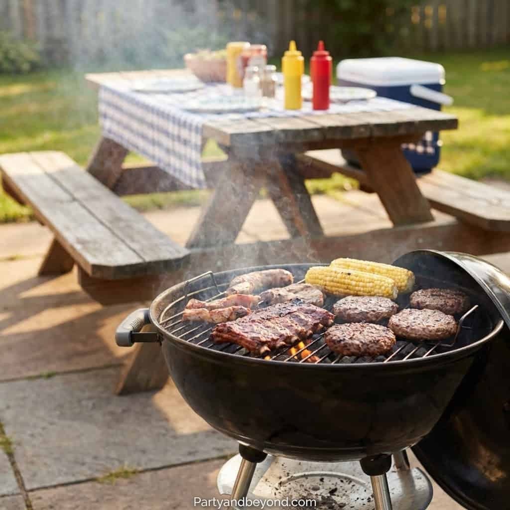 Outdoor barbecue with burgers, hot dogs, and corn on the cob on a sunny day.