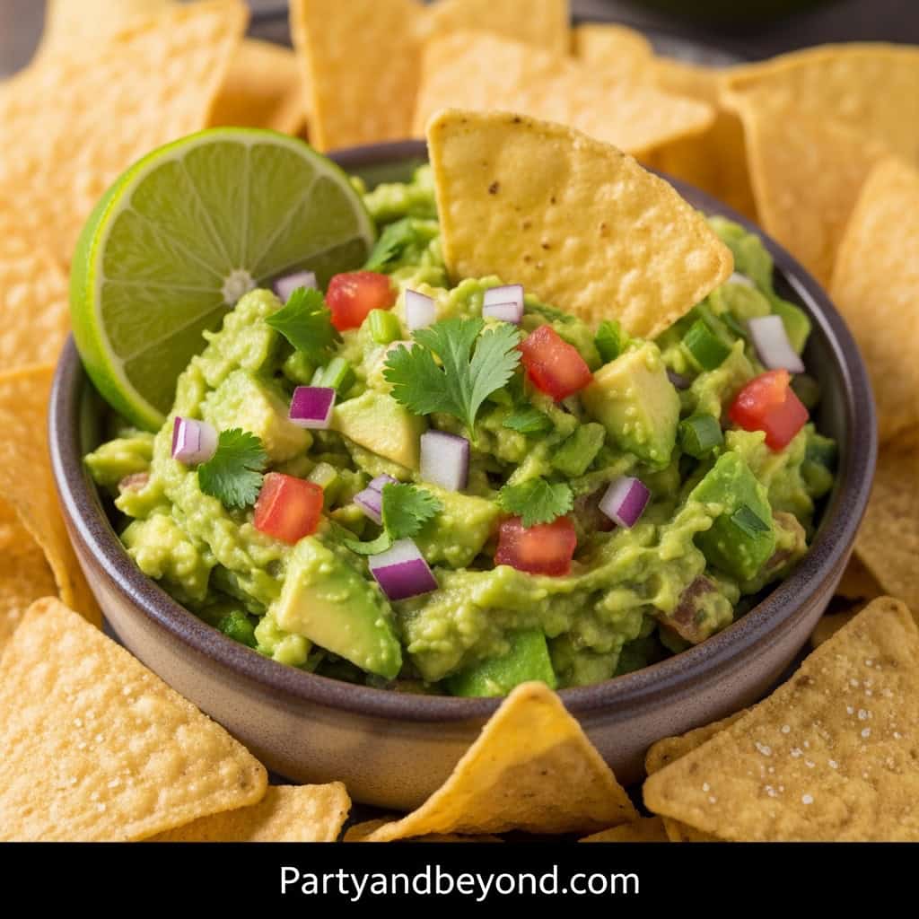 Fresh guacamole with tortilla chips and lime for Super Bowl snacks.