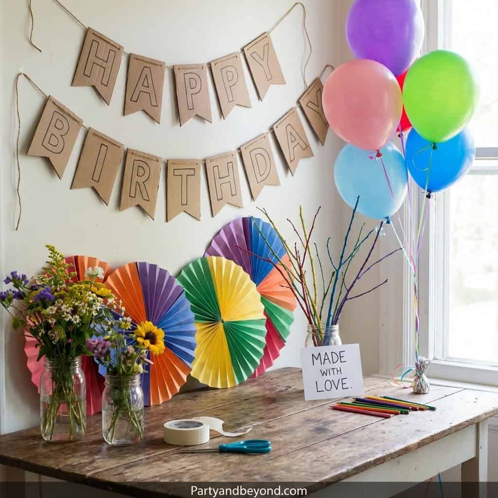 Colorful birthday party decorations with balloons and paper fans.