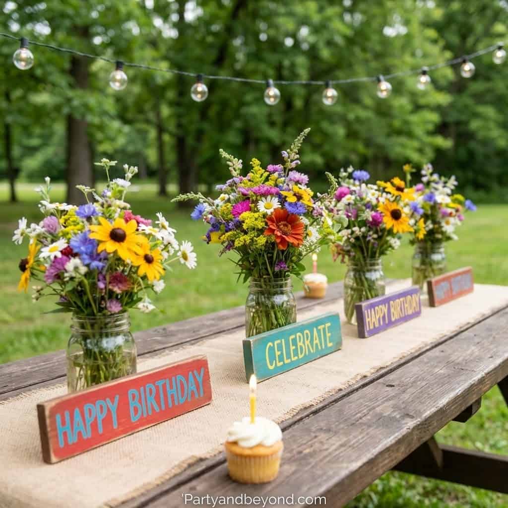 Colorful flower jars with "Happy Birthday" signs and string lights outdoors.