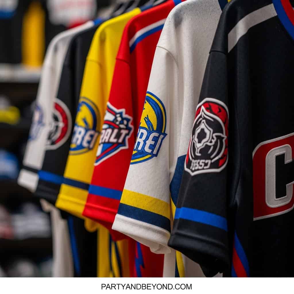 Colorful hockey jerseys hanging for a Super Bowl game day celebration.