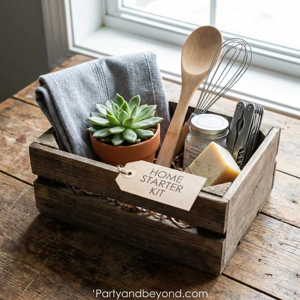 Graduation gift idea with kitchen essentials in a rustic wooden box.