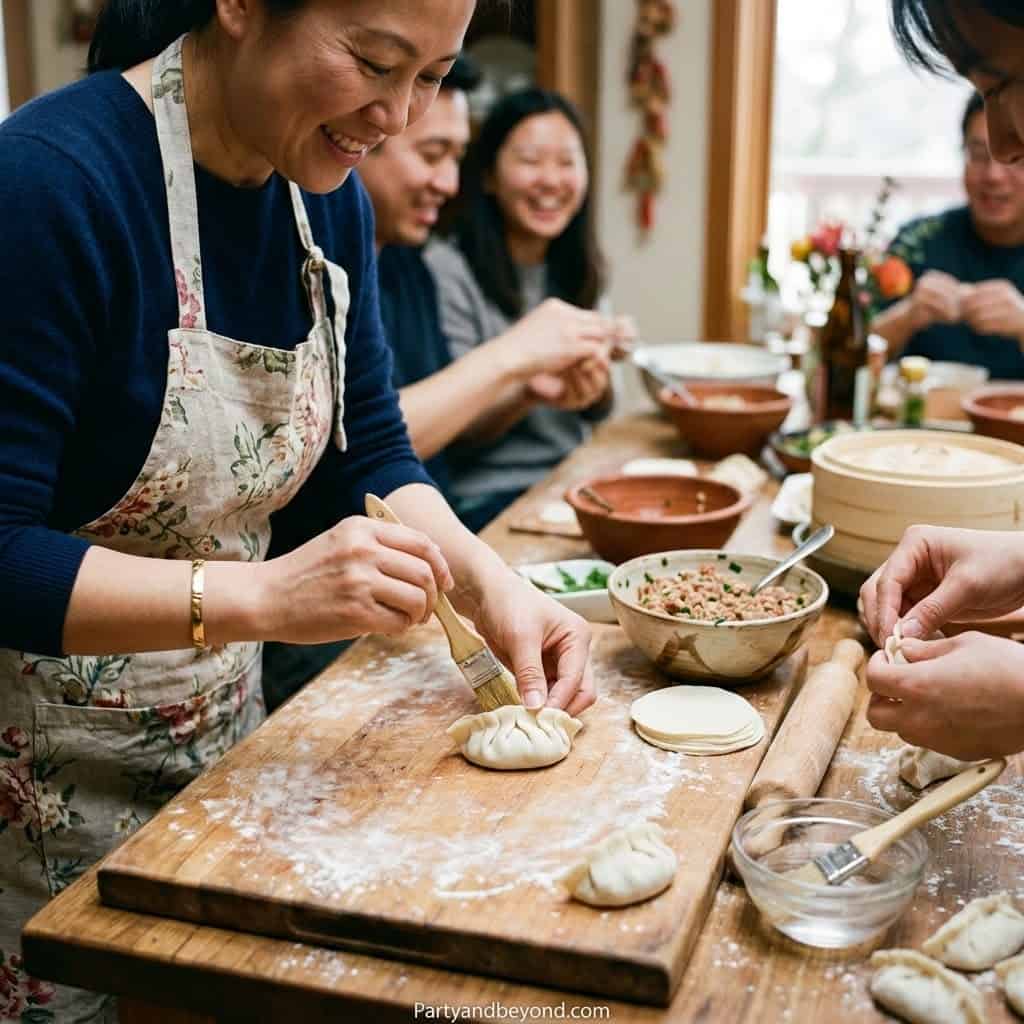 Group of people making dumplings together at a home gathering.