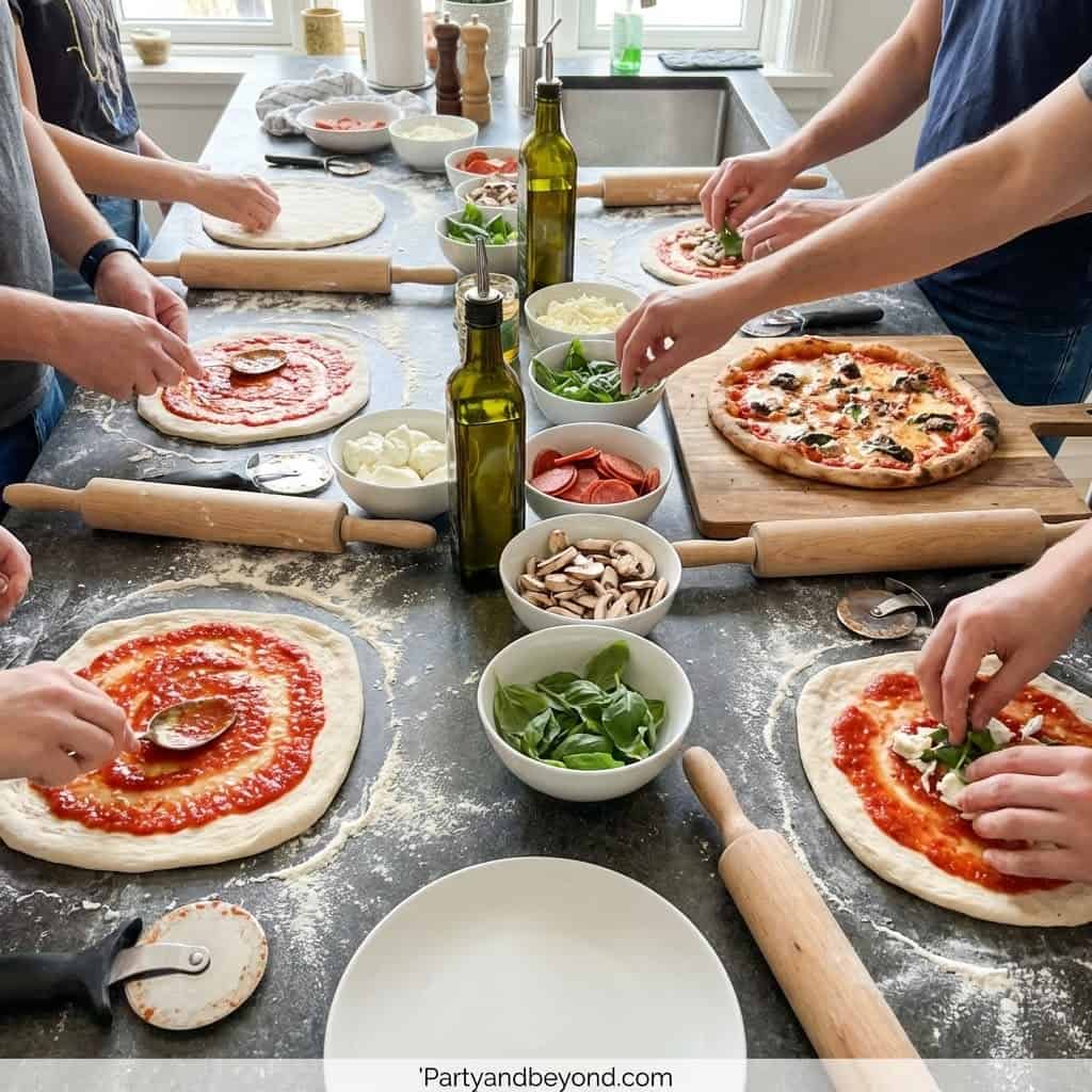 People making personalized pizzas at a fun house gathering.