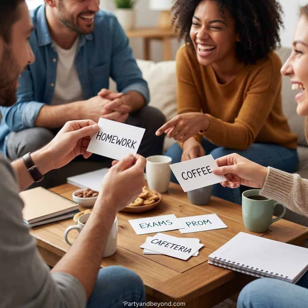 Indoor graduation party game with friends exchanging homework and coffee cards.