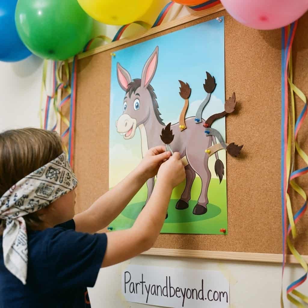 Horse-themed kids' birthday game with a colorful backdrop and balloons.