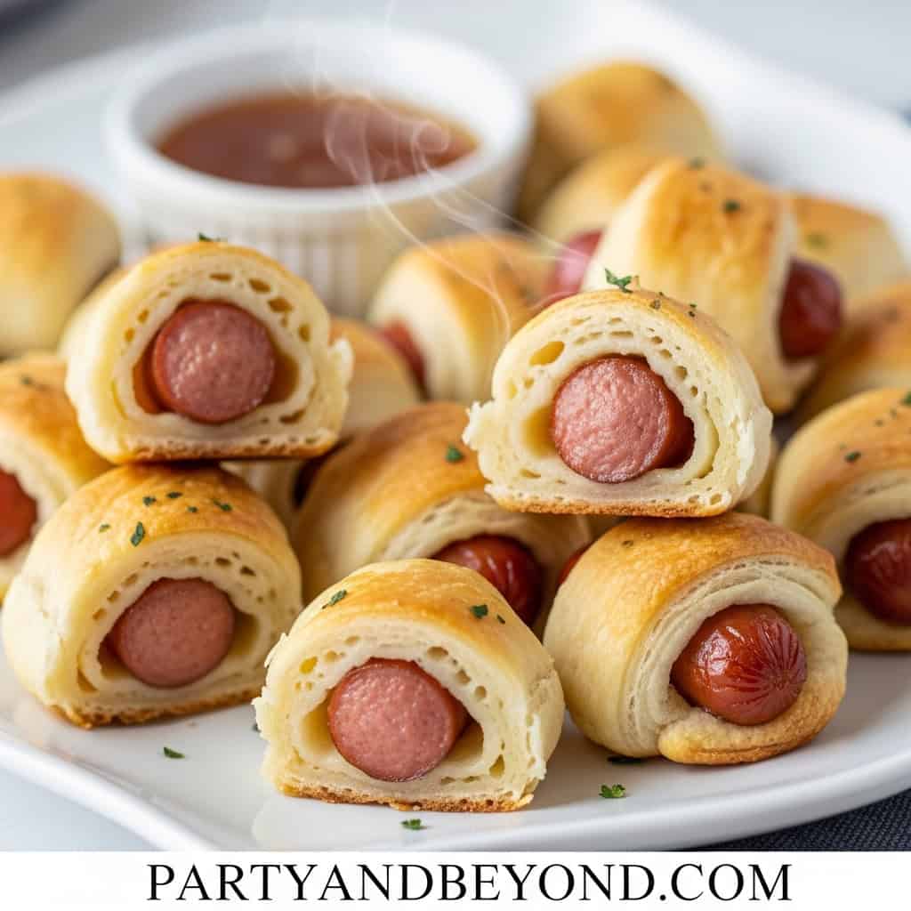 Delicious hot dog puff pastry bites with dipping sauce, perfect for Super Bowl parties.