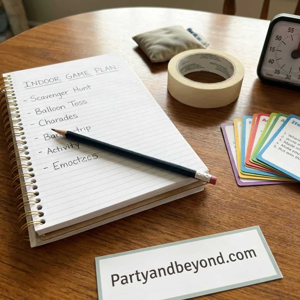 Indoor birthday party games planning sheet for kids' fun activities.