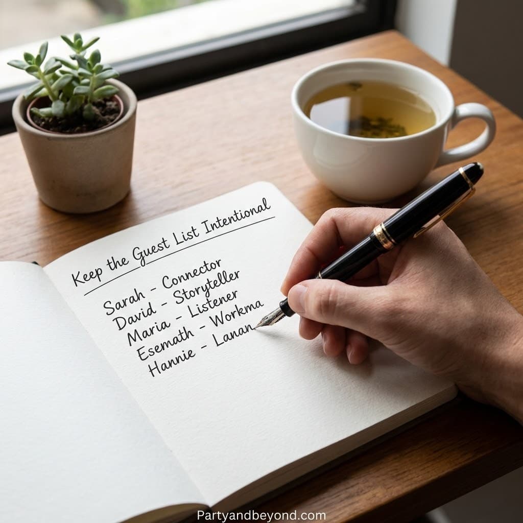 Hand writing guest list with pen, tea, and plant on wooden table.