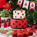 16 Ladybug Birthday Party Ideas Ladybug themed birthday cake with cupcakes and decorations for a kids' party.