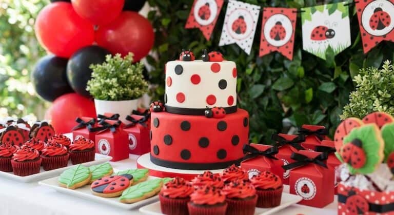 Ladybug themed birthday cake with cupcakes and decorations for a kids' party.
