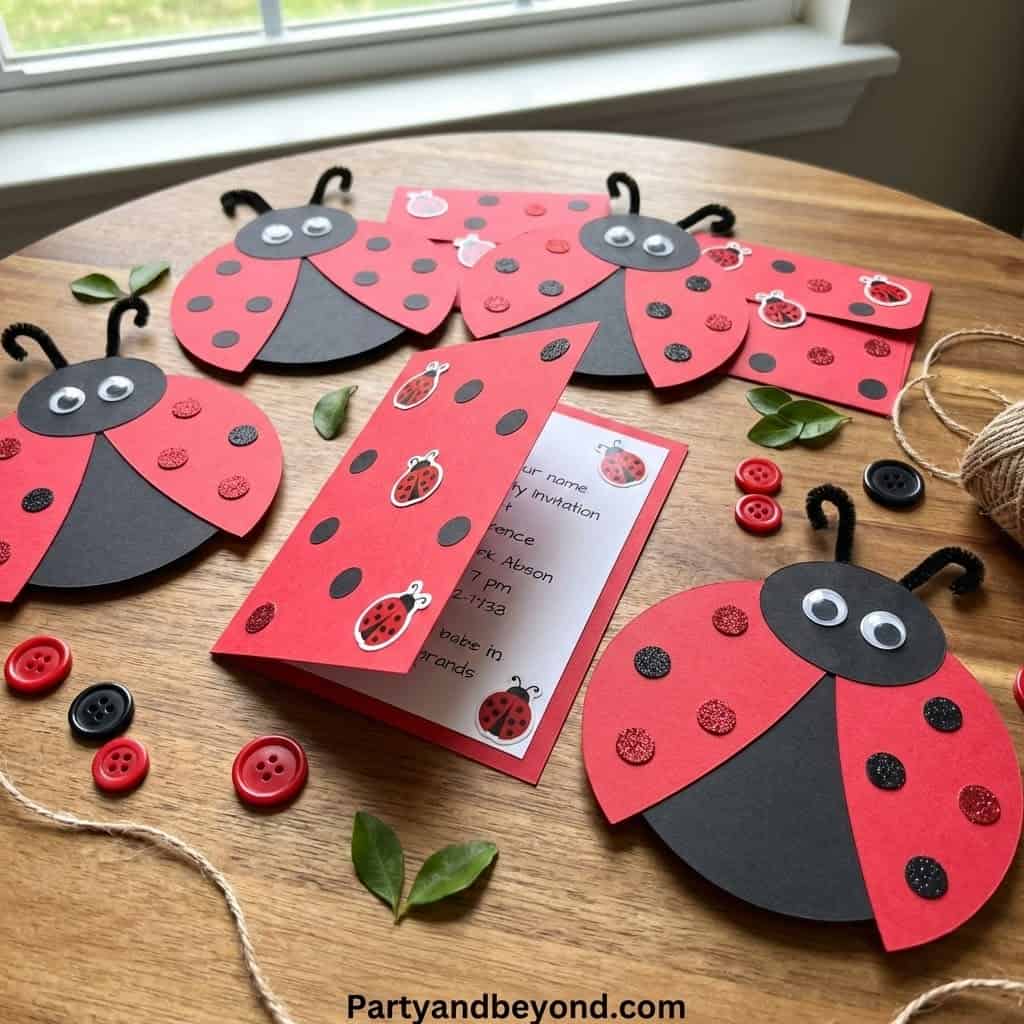 Ladybug-themed party favors with paper ladybugs for a ladybug birthday party.