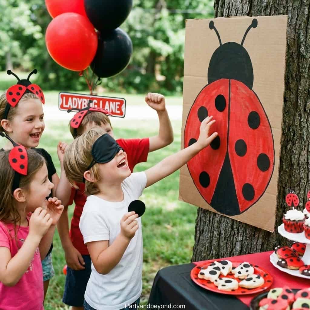 Colorful ladybug-themed birthday celebration with kids playing outdoors.