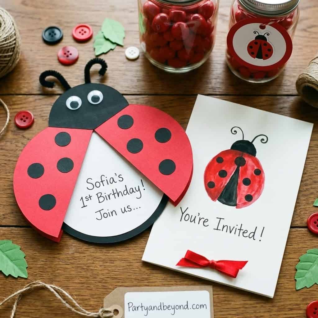 Ladybug themed birthday party invitation with cute design elements.