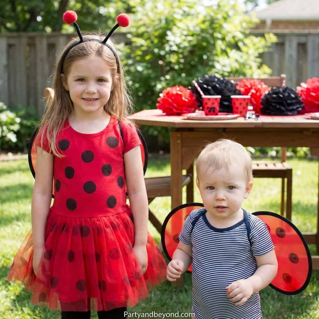 Children dressed as ladybugs celebrating a birthday party in a backyard setting.