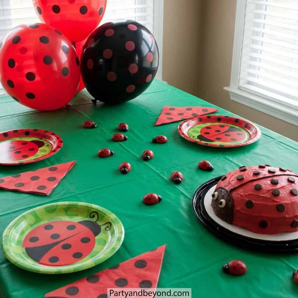 Ladybug themed birthday party table with ladybug plates, balloons, and cake.