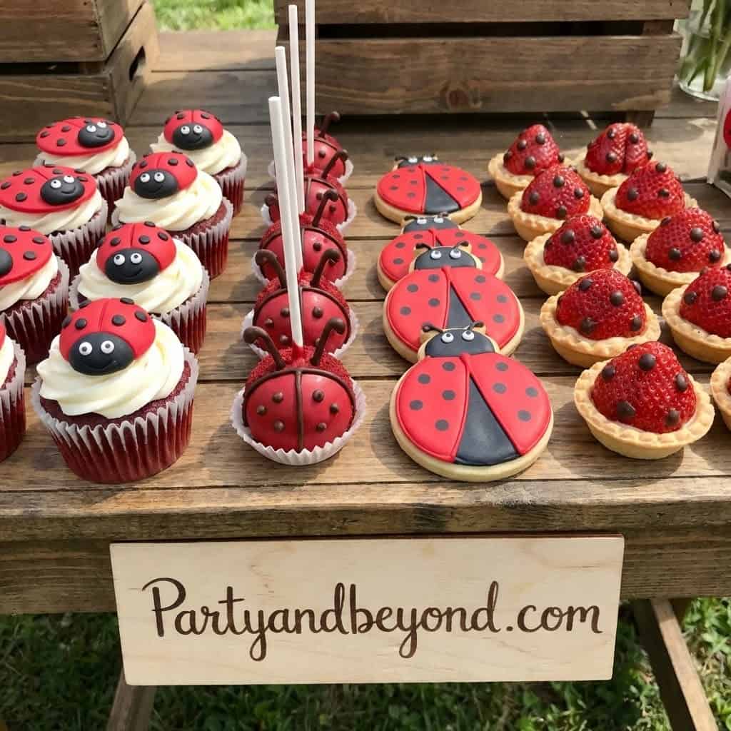 Colorful ladybug-themed cupcakes, cookies, and cake pops for a kids' birthday party.