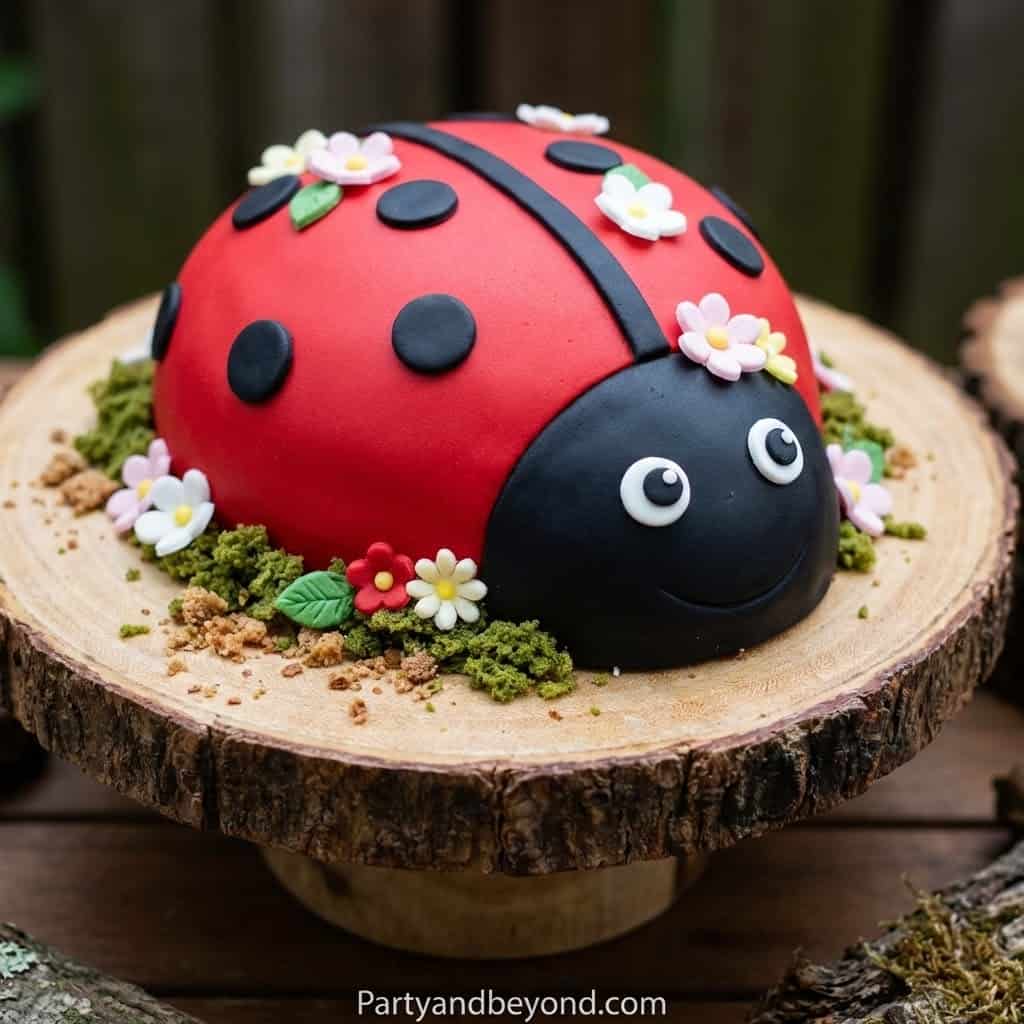 Ladybug themed birthday cake with fondant details and floral decorations.