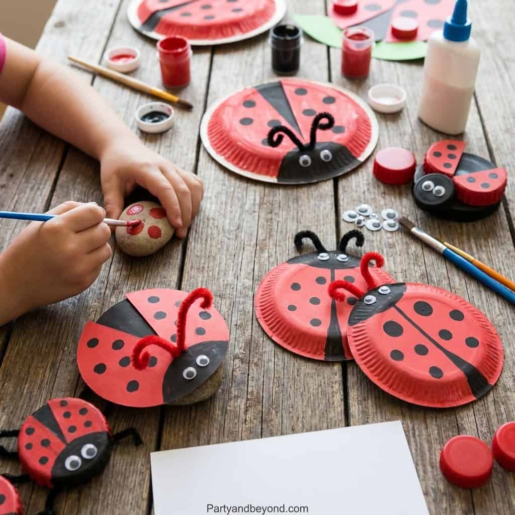 Colorful ladybug paper plate crafts for kids' birthday celebrations.