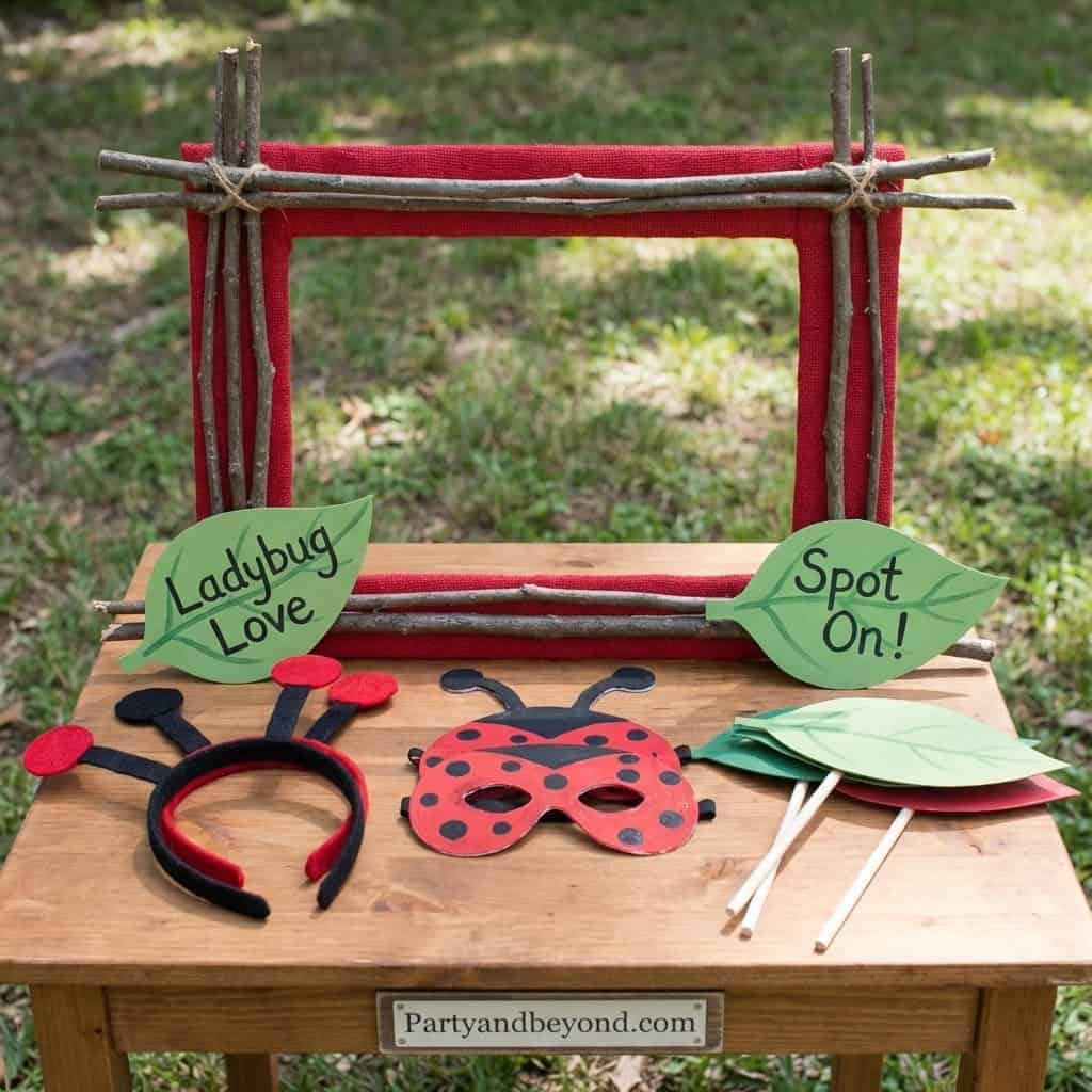 Ladybug-themed party decorations with headbands, signs, and props for kids' birthday celebration.