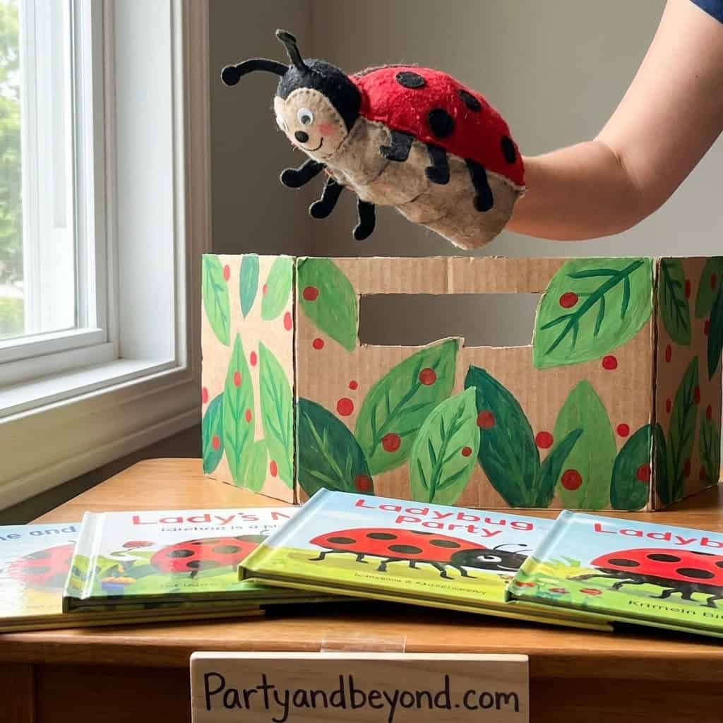 Ladybug puppet with ladybug-themed party supplies and decorations for children's birthday party.