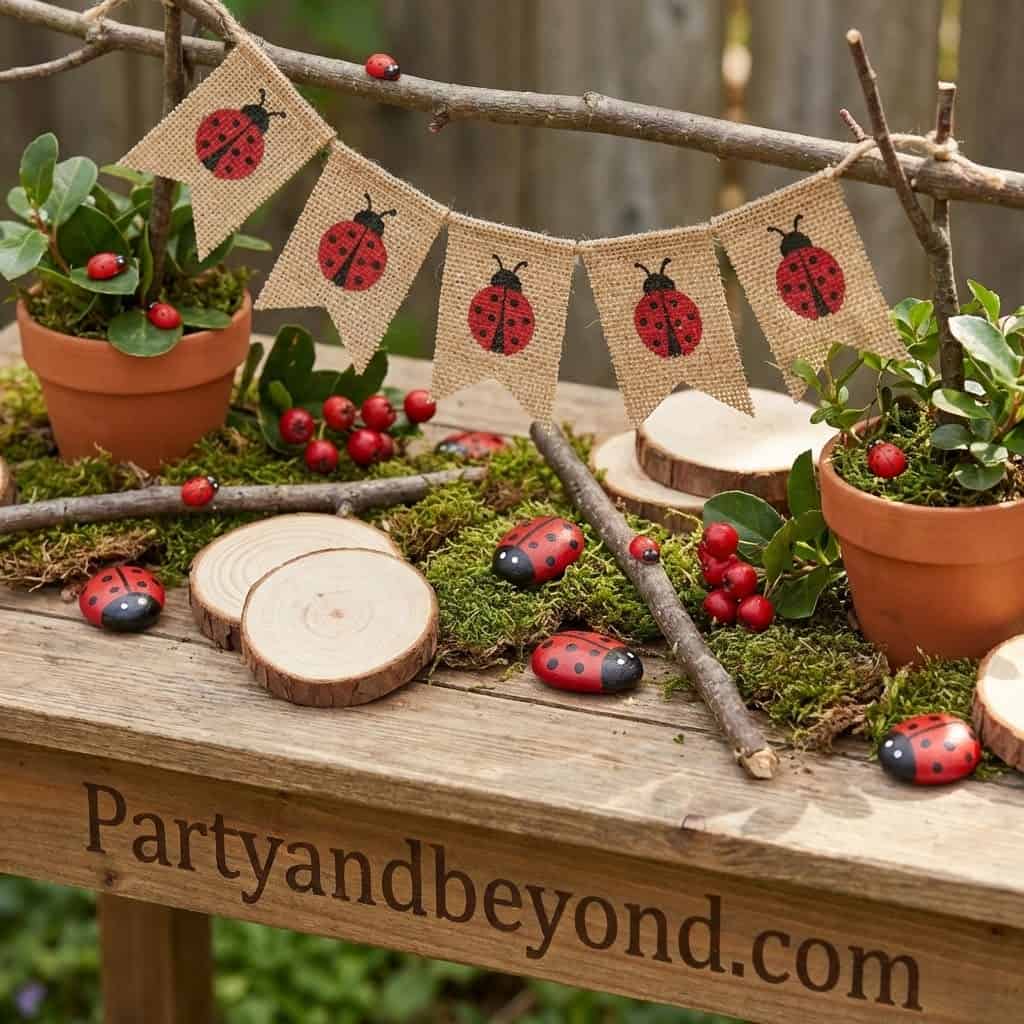 Ladybug birthday party decor with burlap banner, potted plants, and wooden accents.