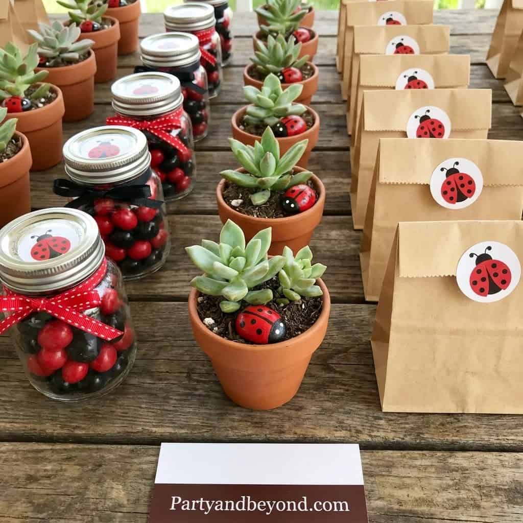Ladybug party favors with succulents, jars, and paper bags for a ladybug-themed celebration.