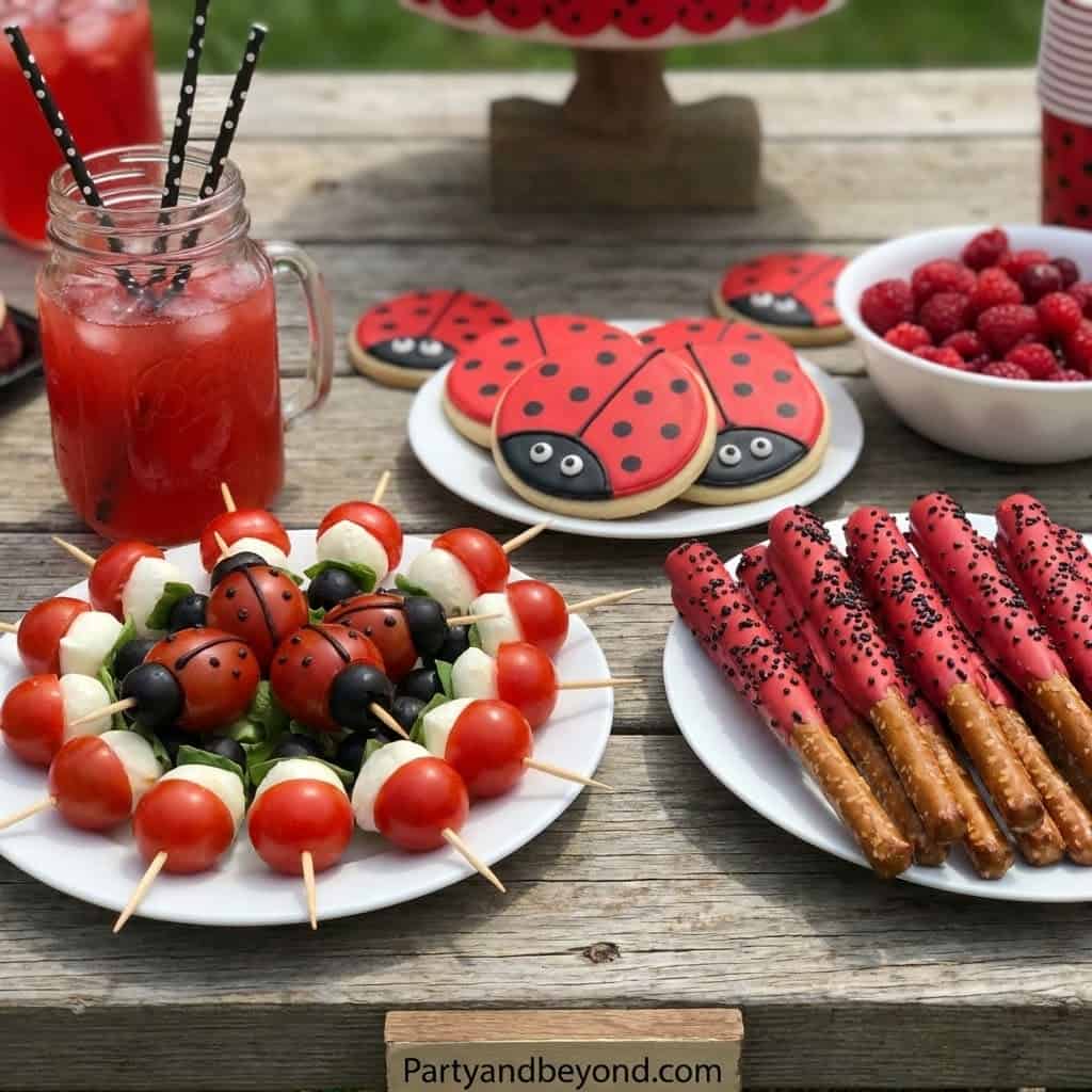 Colorful ladybug cookies, fruit skewers, and berry drinks on a rustic table.