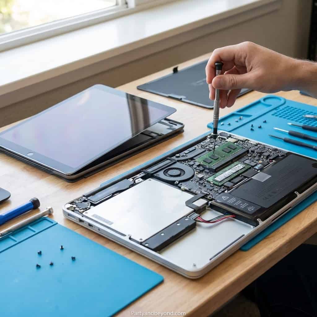 Laptop repair technician working on a disassembled laptop with tools on a wooden desk.