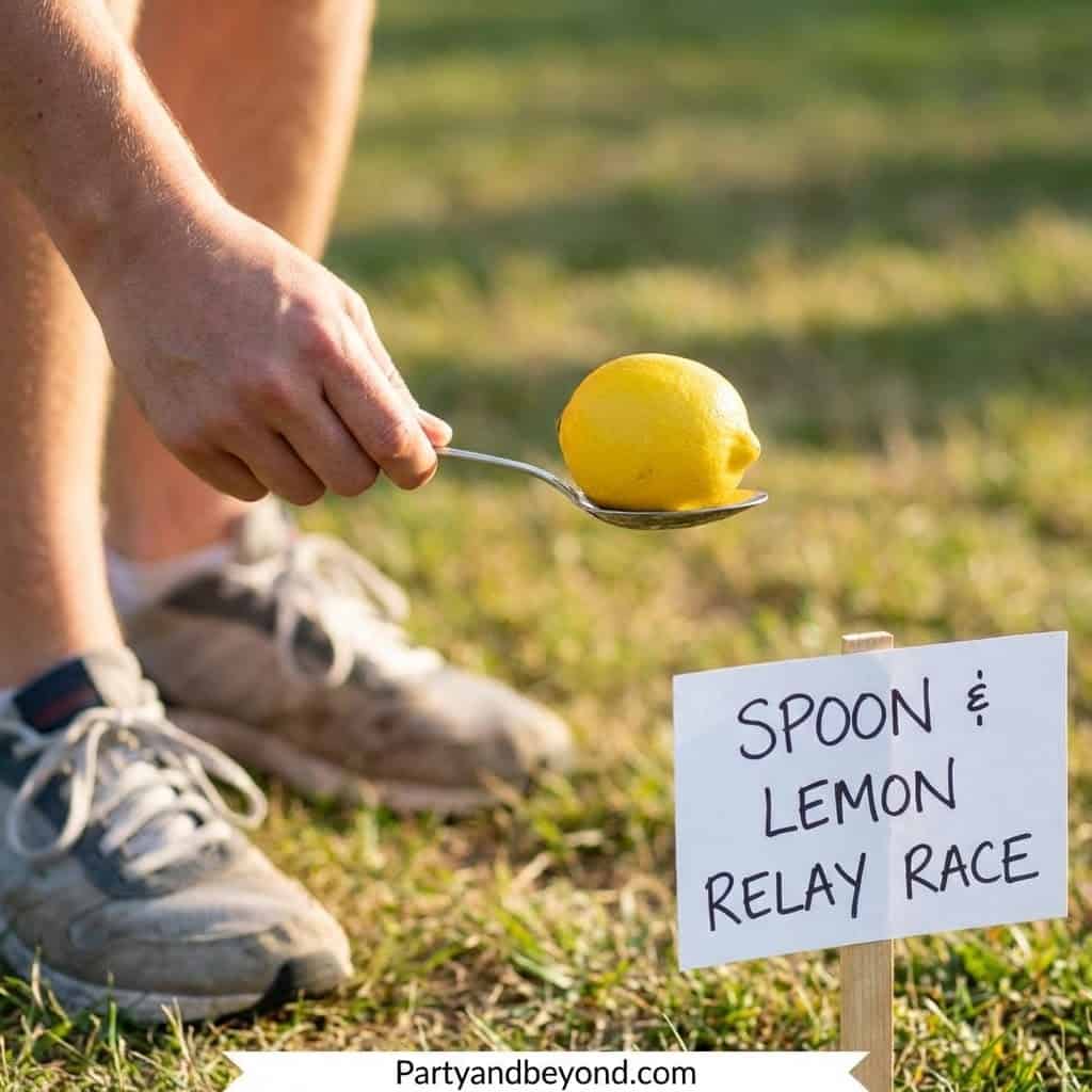 Kids participating in a lemon spoon relay race outdoors.