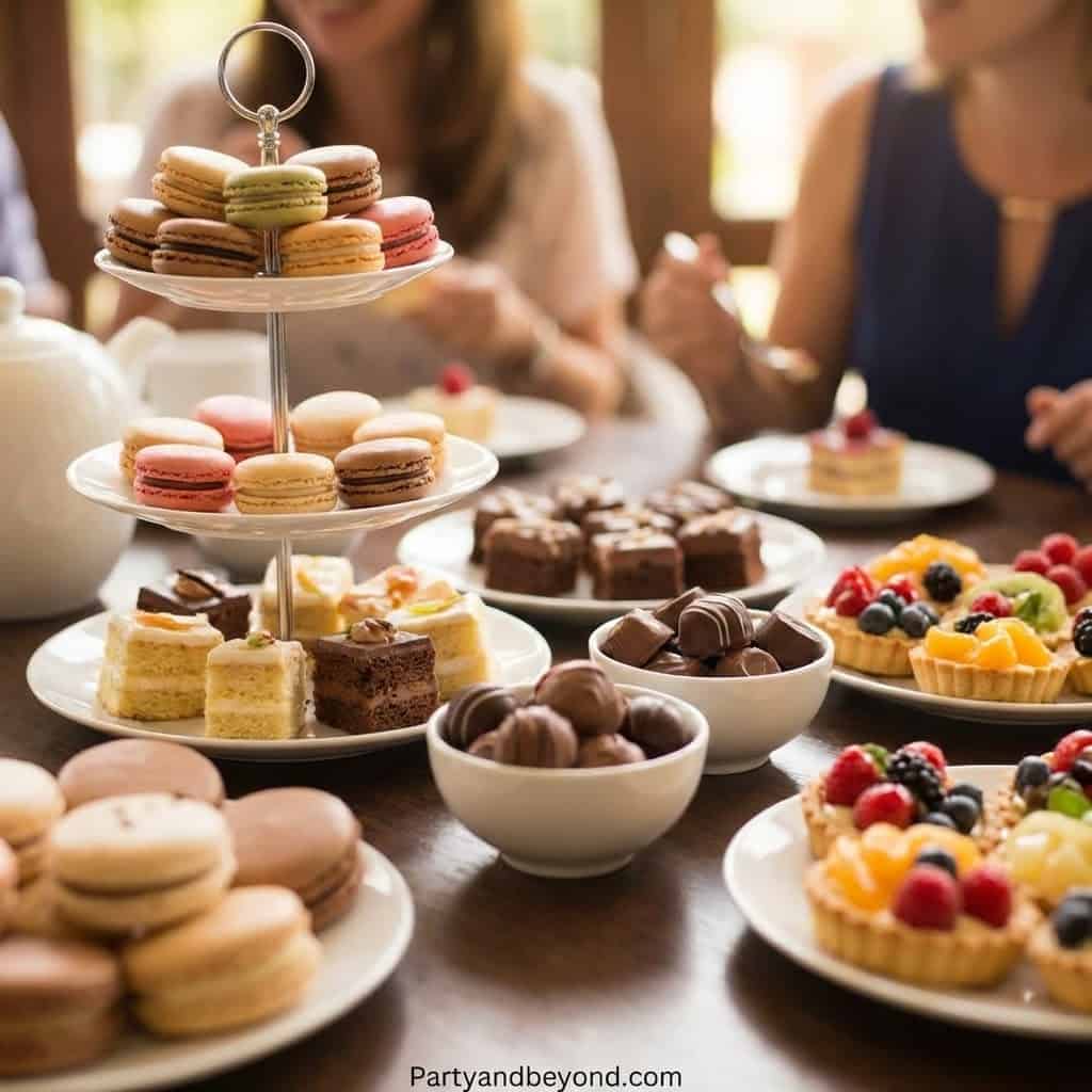 Elegant assortment of macarons, cakes, and fruit tarts for stylish adult birthday parties.