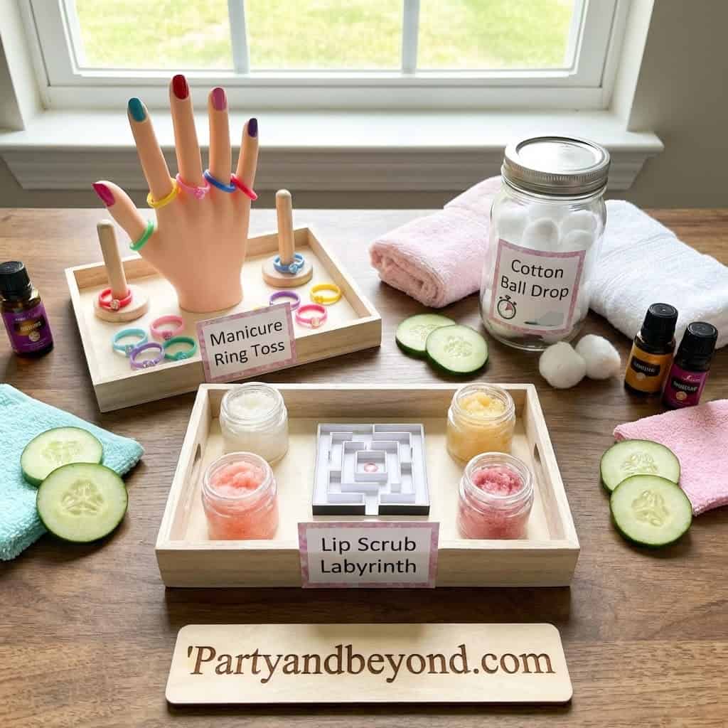 Manicure Ring Toss game with colorful rings and hand model for kids' birthday party activities.