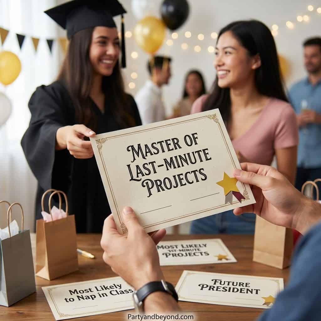 Graduation celebration with students holding a sign for last-minute projects.