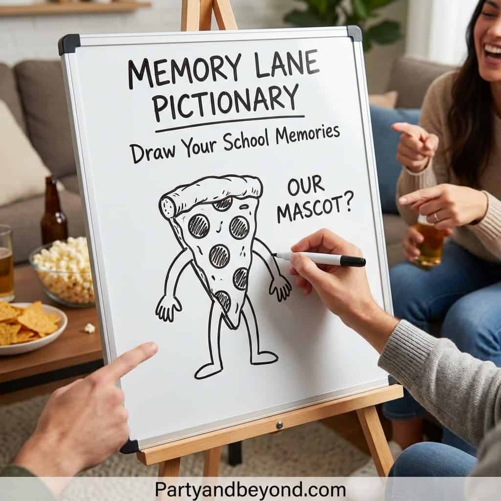 Pictionary game featuring a pizza mascot drawing at a graduation celebration. Perfect for indoor gra.