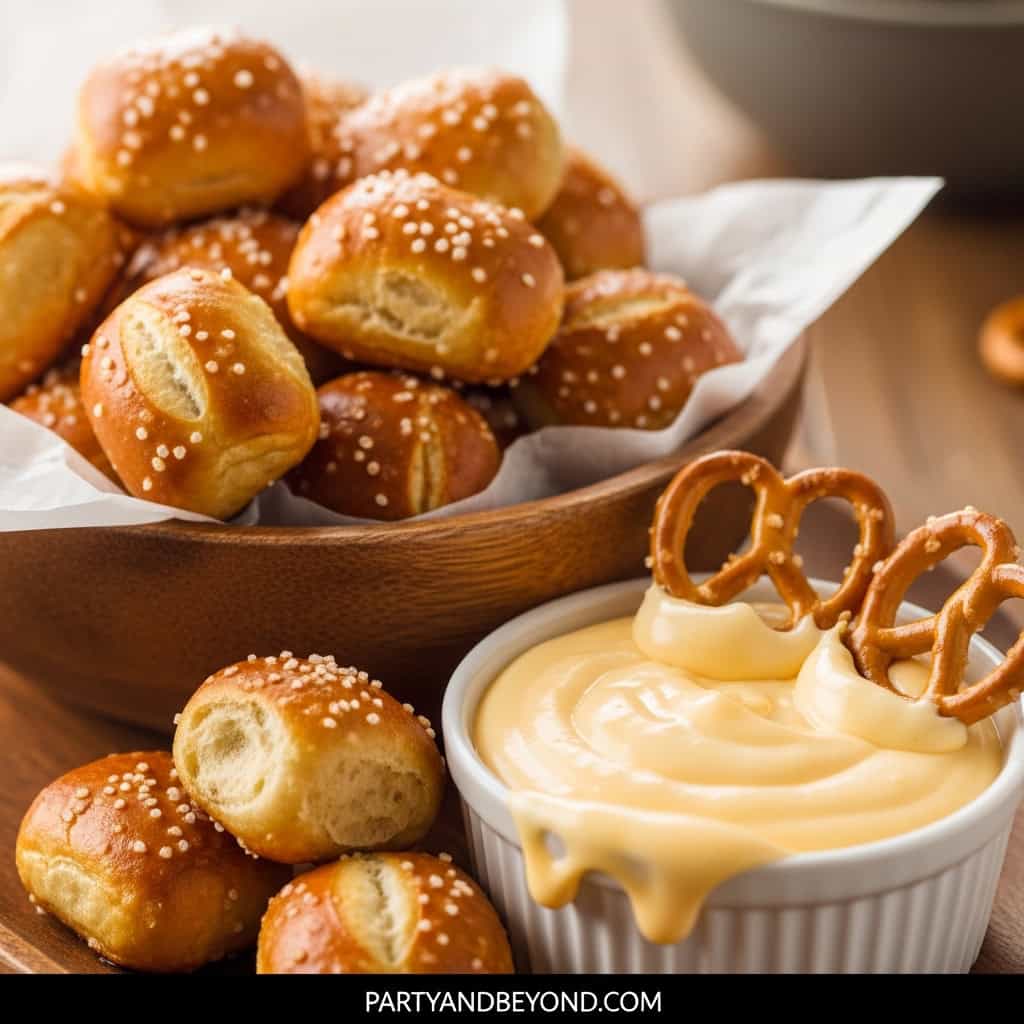 Delicious mini bread rolls with creamy dip and pretzels, perfect for Super Bowl snacks.