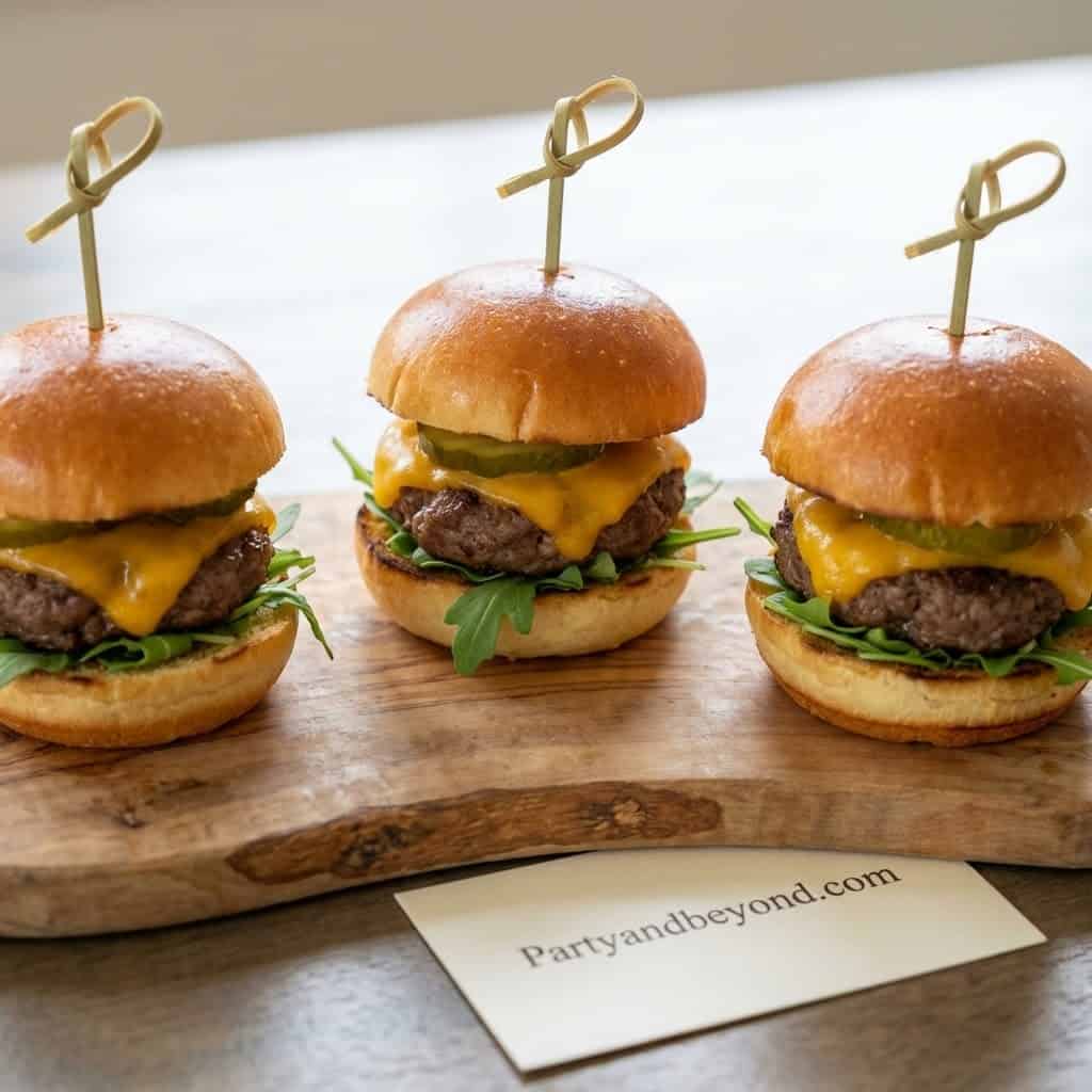 Delicious mini cheeseburger sliders with beef patties, cheese, and greens on a wooden serving board.